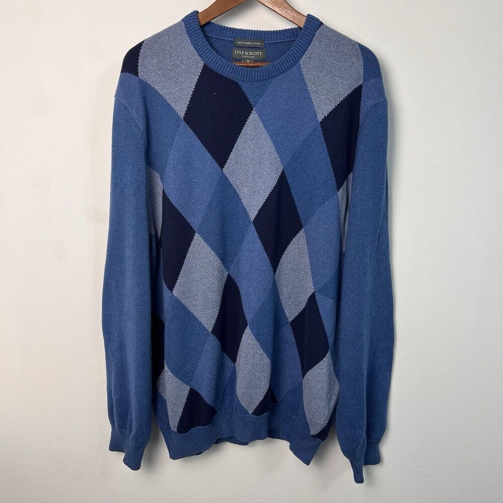 Lyle & Scott Sweater Mens XL Blue Argyle Diamond Pattern 100% Cotton